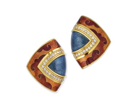 A pair of enamel and diamond earrings, by De Vroomen, 1993Each fan-shaped plaque with a blue guilloché enamel centre, accente