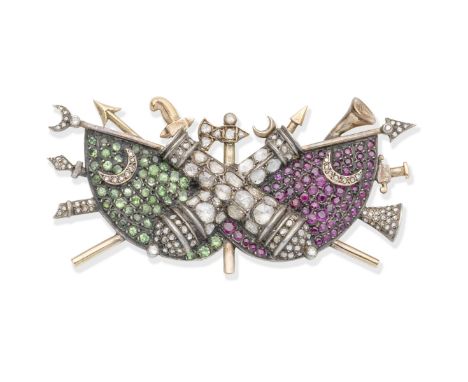 A gem-set trophy-of-arms brooch, circa 1800Depicting various weaponry motifs including two cannons, an axe and a sword, set w