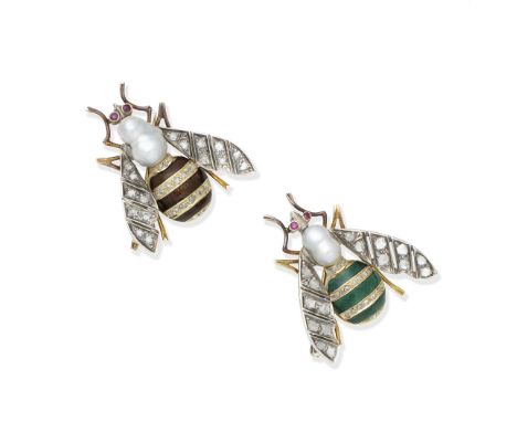 A pair of enamel, cultured pearl, ruby and diamond imperial bee broochesEach realistically modelled as a bee, set with a baro