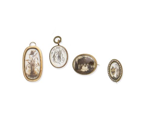 Four late 18th - early 19th century mourning jewels1st: The brooch/pendant depicting a hairwork bird among wheatsheaves on an