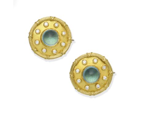 A pair of topaz and diamond earrings, by Theo Fennell, circa 1998Each circular topaz cabochon to a brushed recess accented by