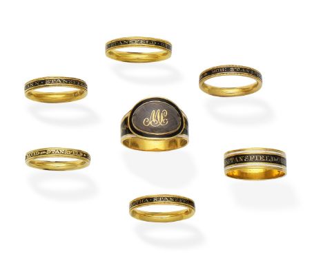 A collection of enamel, hairwork and gold mourning rings, circa 1769-1799Comprising: seven rings, one with plaited hair and a