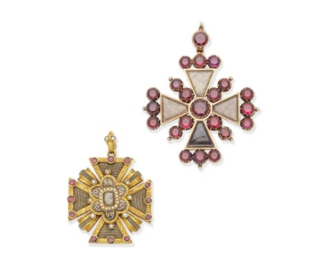 An enamel, hairwork and gem-set mourning brooch/pendant, circa 1830, and an early 19th century hairwork and paste mourning pe