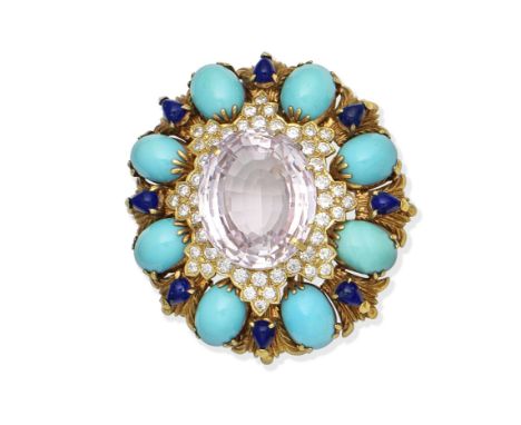 A gem-set and diamond broochCentrally-set with an oval-cut kunzite, within a surround of brilliant-cut diamonds, further fram
