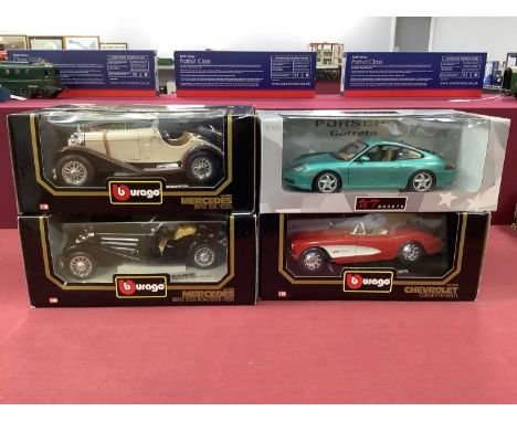 Four 1:18th Scale Diecast Model Cars by Burago and UT Models to include Burago Chevrolet Corvette (1957), UT Models Porsche C