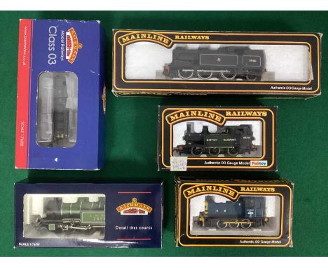Five OO gauge locomotives by Mainline and Bachmann, including 0-6-2T no 69531 and 0-6-0T no 68745 in BR livery, V3 class 2-6-
