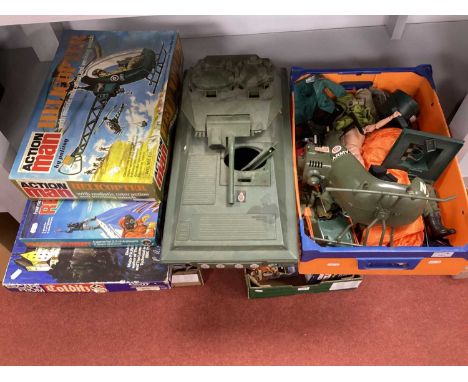 Two Original Action Man Figures, (one arm damages). Plus a quantity of uniforms and quartermaster stores. Plus part of an ori