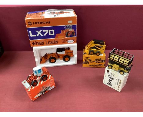 Four Diecast Model Plant Machinery Vehicles comprising of Shinsei 1:40 Hitachi LX70 Wheel Loader, NZG #196 Casee 1845 Uni-Loa