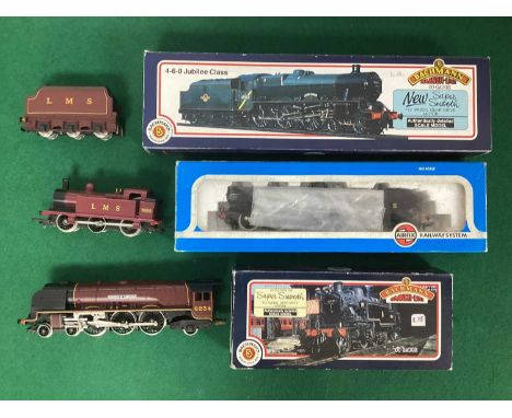 Five 00 gauge LMS steam locomotives by Bachmann, Airfix and Hornby, including boxed Airfix Fowler 4F 0-6-0, boxed Bachmann Ju