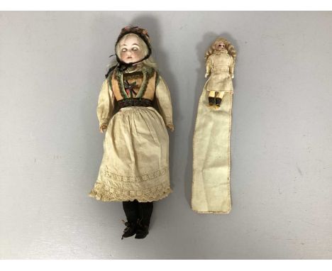 An XIX Century Open Mouthed Bisque Headed Dolls House Doll, with applied facial features, (eyes missing), blonde ringlet hair