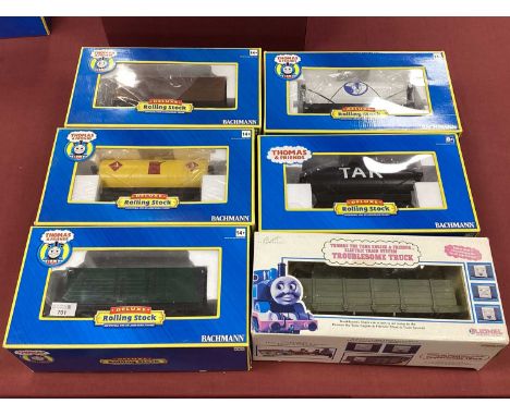 Six G Scale "Thomas and Friends" G Scale wagons, all boxed, to include Bachmann ref 98009 Tar Tank, Bachmann ref 98004 Sodor 