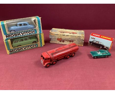 Four Diecast Vehicles, two boxed 1970's/1980's Russian Maskvitch, a boxed Polistil Ford Consul and a Morestone Foden Esso Tan