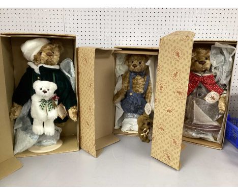 Three Gund Barton's Creek Collection Artist Designed Jointed Teddy Bears, including John Thomas #82011 with outfit and stand,