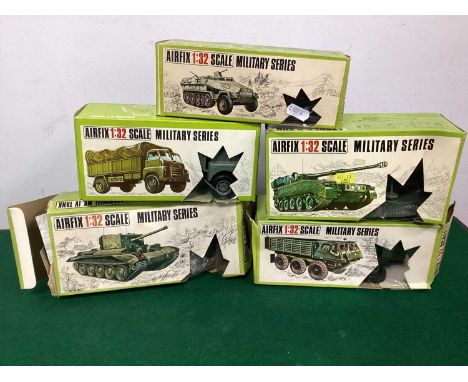 Five Airfix 1:32 Scale Plastic Model Military Vehicles including Alvis Stewart, Bedford R.L. Truck, Cromwell Mk. IV Tank, sma