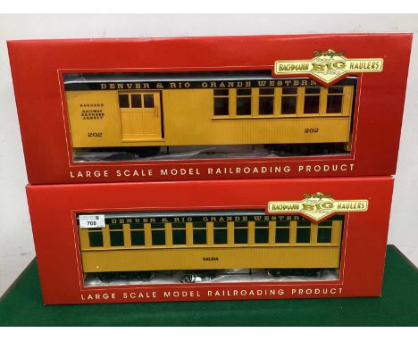 Two Boxed Bachmann G Scale Denver and Rio Grande Western RR coaches