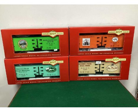 Four Boxed Bachmann G Scale American Outline Brewery Freight Cars, including John Harvard, River Horse, Dogfish Head and Kenn