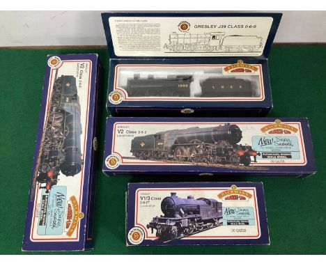 Four 00 gauge Bachmann LNER steam locomotives all in LNER livery including Two V2 tender locomotives, one J39 0-6-0 and one V