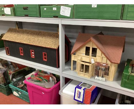 Two G gauge Line Side Models engine shed and house under construction, playworn.