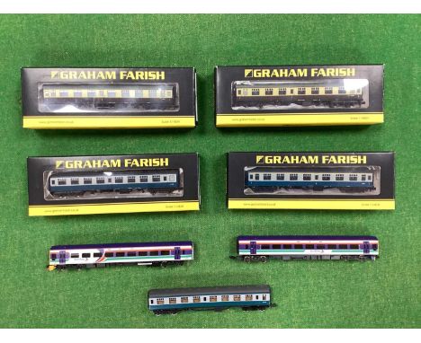 Five N Gauge Graham Farish Coaches and a Graham Farish Scot Rail DMU, untested, sometimes boxed.