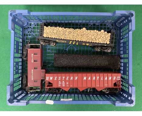 Three O gauge American Outline Freight wagons including sound fitted "Western Maryland" bogie Coal Hopper with dummy load, pl