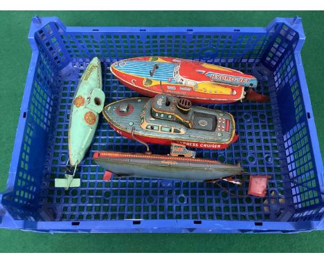 Four Clockwork Tinplate Model Boats, Submarines by Sutcliffe Model, Bandai and other including Sutcliffe Nautilus, Bandai Exp