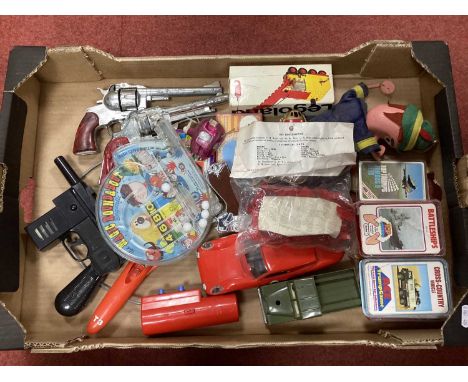 A Box if Mainly 1970's Toys, including Pelham Puppet, Top Trumps, Toy Cowboy Guns, Lego and other items, playworn.