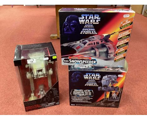 Three 1990's and later Star Wars Plastic Space Vehicles by Kenner, Hasbro to include Kenner #69585 Electronic Rebel Snowspeed
