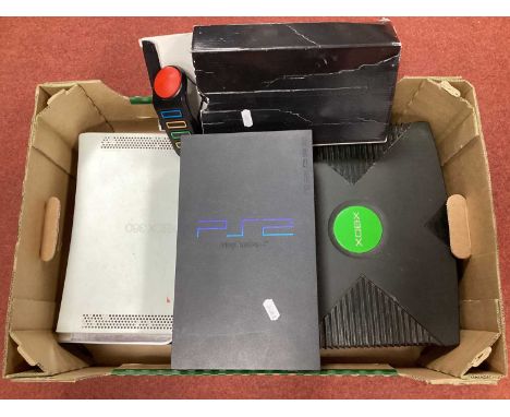 Three Gaming Consoles comprising of Sony PlayStation 2 (PS2), Microsoft XBOX (original), XBOX 360. Together with PS2 Buzz Con