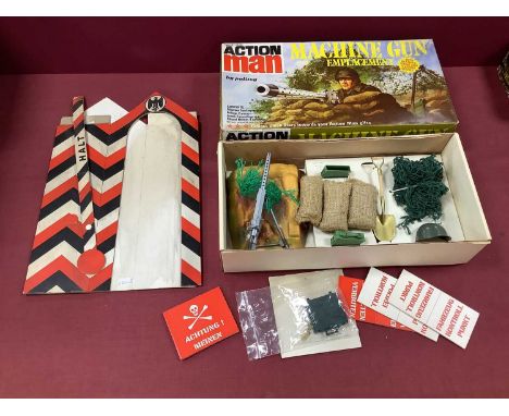 A Quantity of Original Action Man Items, including a boxed machine gun enplacement, (some parts missing) a German Sentry Box,