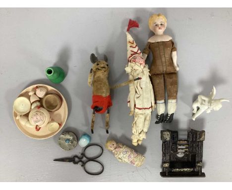 A Small Collection of Antique and Later Children's Toys, including a Schuco clockwork mouse, bisque headed dolls house doll, 