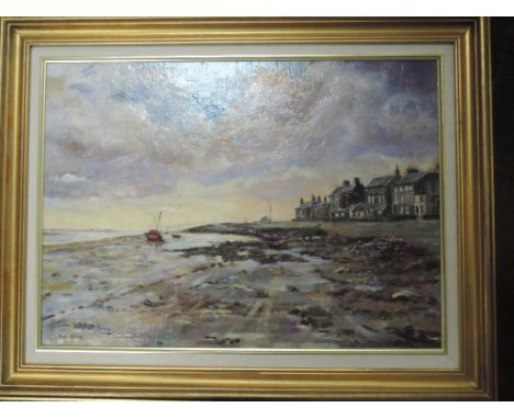 An oil painting on board, Gill Shaw, Reflected Light Sunderland Point, signed, 43 x 59cm, plus frame