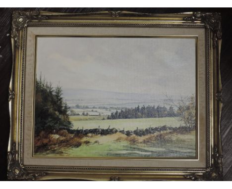 An oil painting, D Whitta, country landscape, signed 30 x 40cm, plus frame, and a print, A Gallachall, Robin Hoods Bay, indis