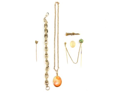 Mixed group of jewellery, Victorian seed pearl brooch, and two stick pins attached by a fancy link chain, all testing as 15 c