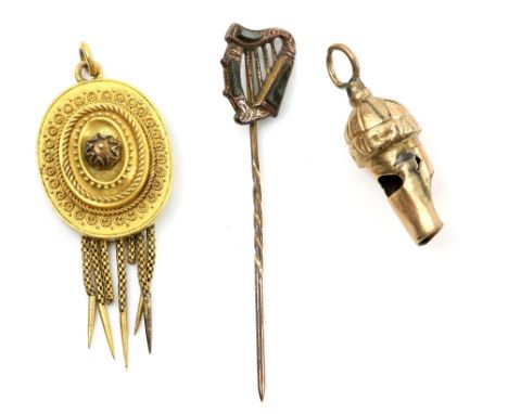 Victorian pendant, wire work detailing and tassels, measuring 5.2 x 2cm, testing as 15 ct with higher wash, together with a w