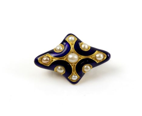 Enamel and pearl brooch, mounted in yellow metal testing as 18 ct, with pin and catch fitting and open locket to reverse, mea