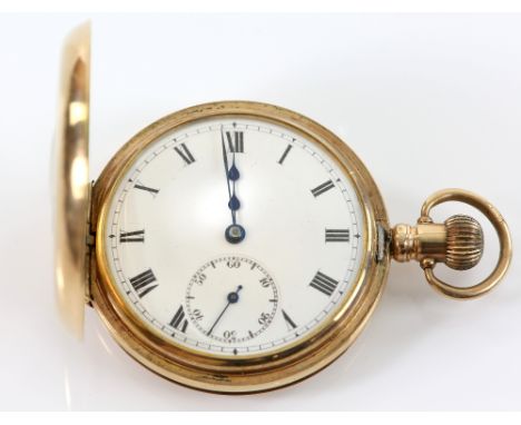 A Bulla half hunter pocket watch in a 9 ct gold case . The unsigned white enamel dial with Roman numerals and minute track, s