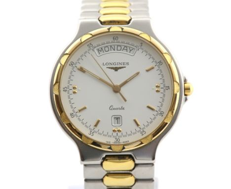 Longines conquest date day gentleman's dress watch, the  signed white enamel dial with gold batons, day aperture at 12 , date