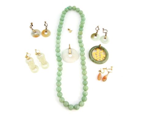Mixed group of mainly jade items, a pair of drop earrings, each comprising of two hoops and a carved characters, with screw b