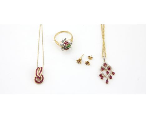 Mixed group of gem set jewellery, a ruby and diamond chandelier pendant, on twisted link chain, round cut ruby set loop penda