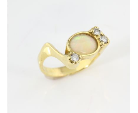 Contemporary twist ring, central oval cabochon cut opal, estimated weight 1.20 carats, set with three round brilliant cut dia