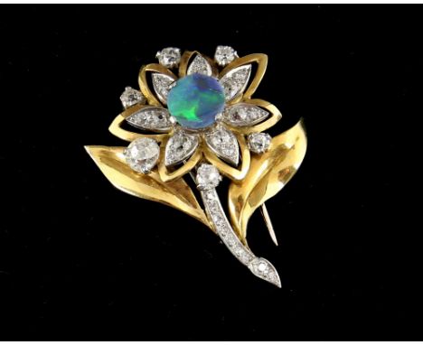 Mid 20th C floral gem set brooch, centrally set round cut opal, surrounded by old cut diamond set petals and stem, estimated 