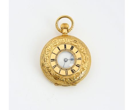 Half hunter ladies pocket watch, enamel dial with Roman numerals, subsidiary dial and minute track, keyless movement, back pl