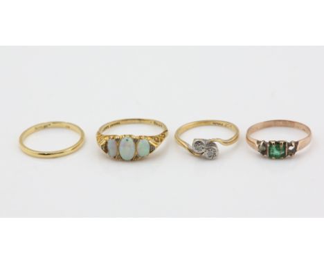 An antique ring set with opals and old cut diamonds, ring size P, and a  wedding band, size L, both mounted in 18 ct, two sto