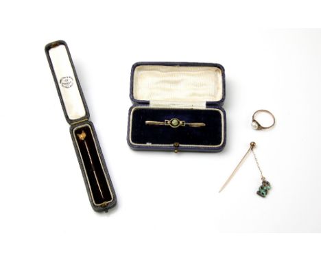 Late Victorian stick pin, in 18 ct , Hamilton &amp; Inches box  dated 26th July 1888, with peridot and seed pearl bar brooch,