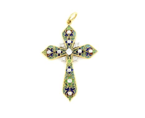 Enamel and diamond cross pendant, set with fourteen old cut diamonds, on blue, green and red floral enamel design, mount test