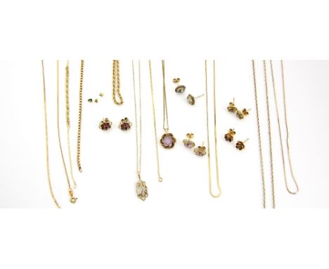 Mixed group of gold jewellery, one round cut amethyst pendant, another 'M' initial pendant, six pairs of earrings, including 