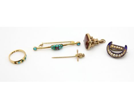Victorian turquoise ring, size M, pearl and blue enamel 'D' brooch, both in 18 ct, turquoise and pink sapphire bar brooch, in