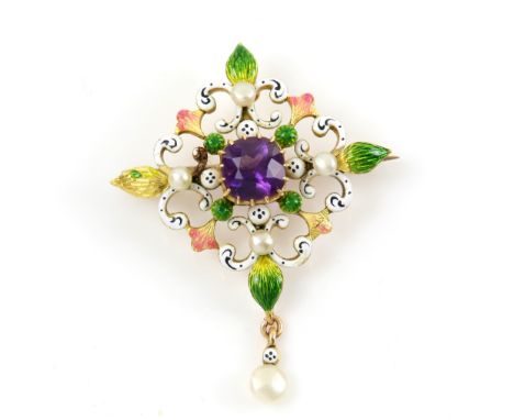 Edwardian enamel brooch, central cushion cut amethyst, in a floral  frame of white, green and pink enamel and seed pearls, mo
