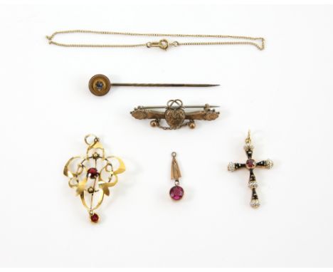 Mixed group of items, enamel cross of blackamoor heads,  set with pink garnet, testing as 14 ct  Edwardian pendant set with r
