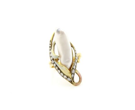 Art Nouveau style ring, set with a baroque pearl and two rows of diamonds, the leaves decorated in pastel coloured enamel, mo